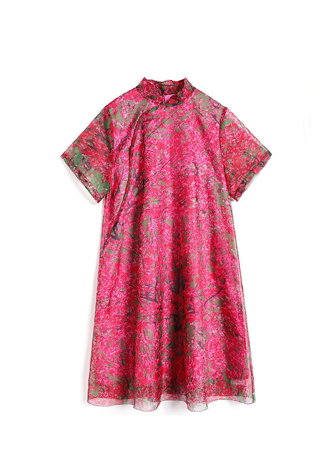 Red Stand Collar Print Silk Dress Short Sleeve