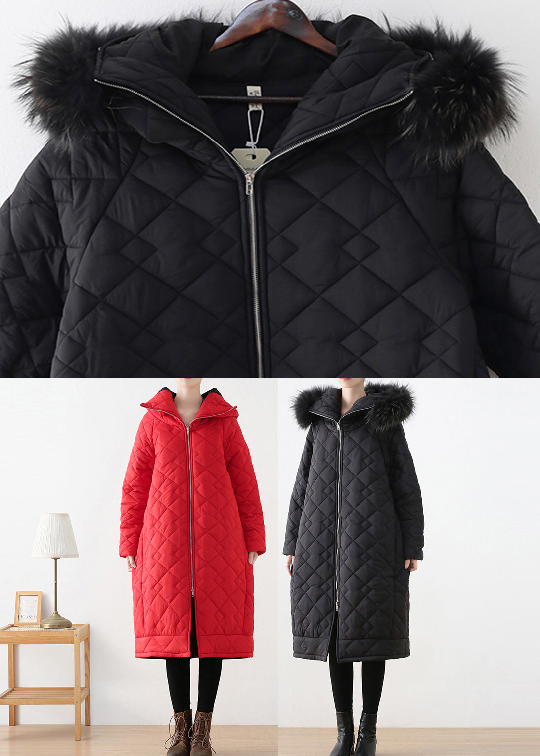 Red Zippered Thick Hooded Long Parka Winter