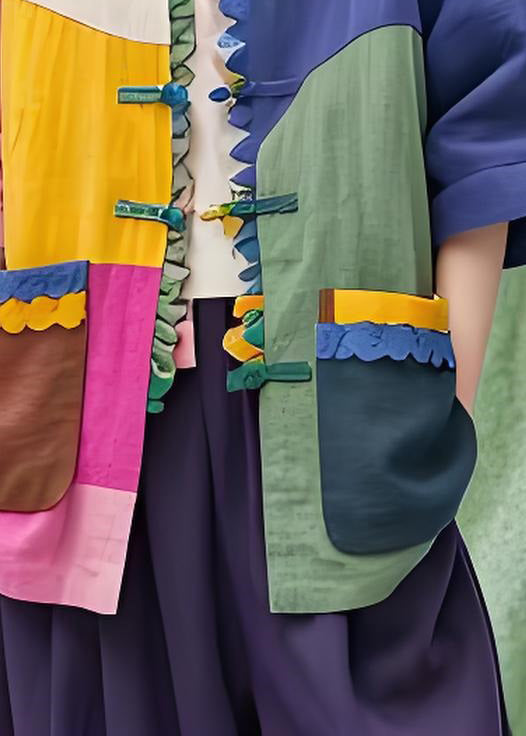 Stand Collar Pockets Chinese Button Cotton Shirts Coat Summer