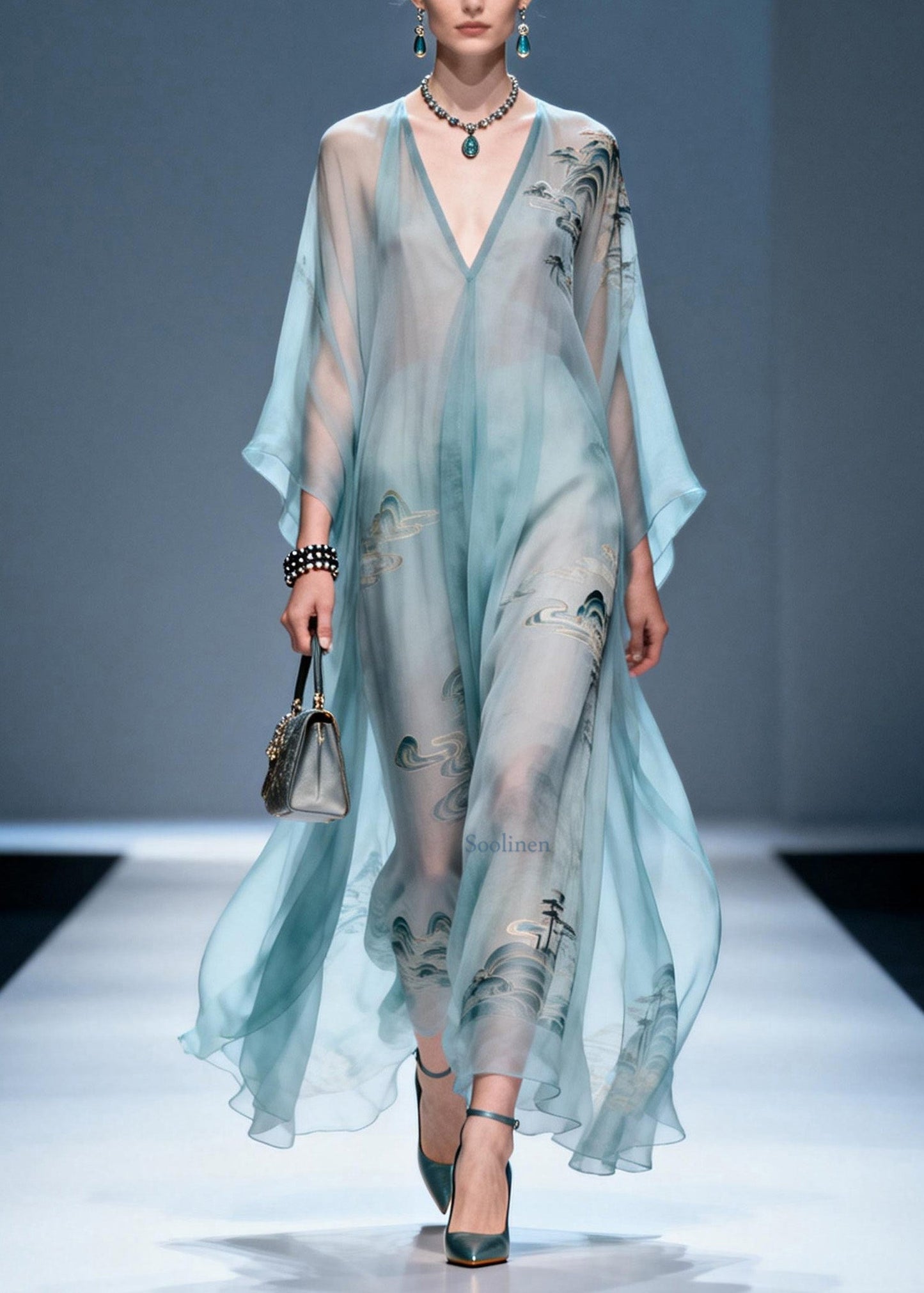 V Neck Print Chiffon Long Dresses Summer