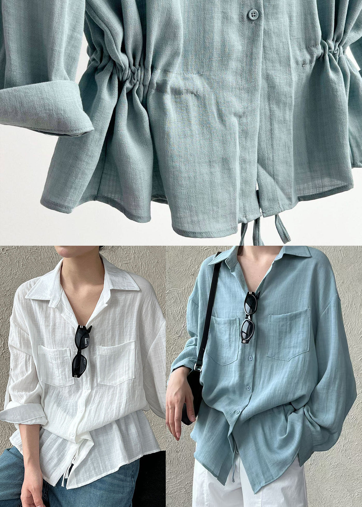 Plus Size White Cinched Cotton UPF 50+ Blouses Spring