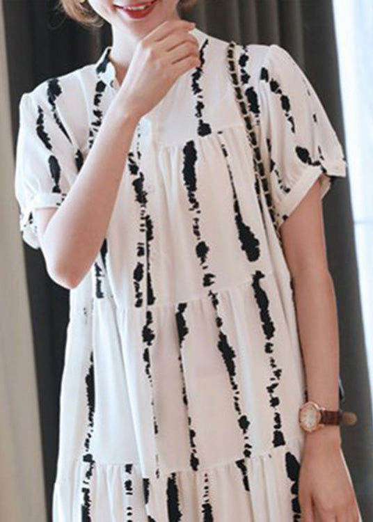 White O-neck Striped Print Wrinkled Button Maxi Dresses Summer