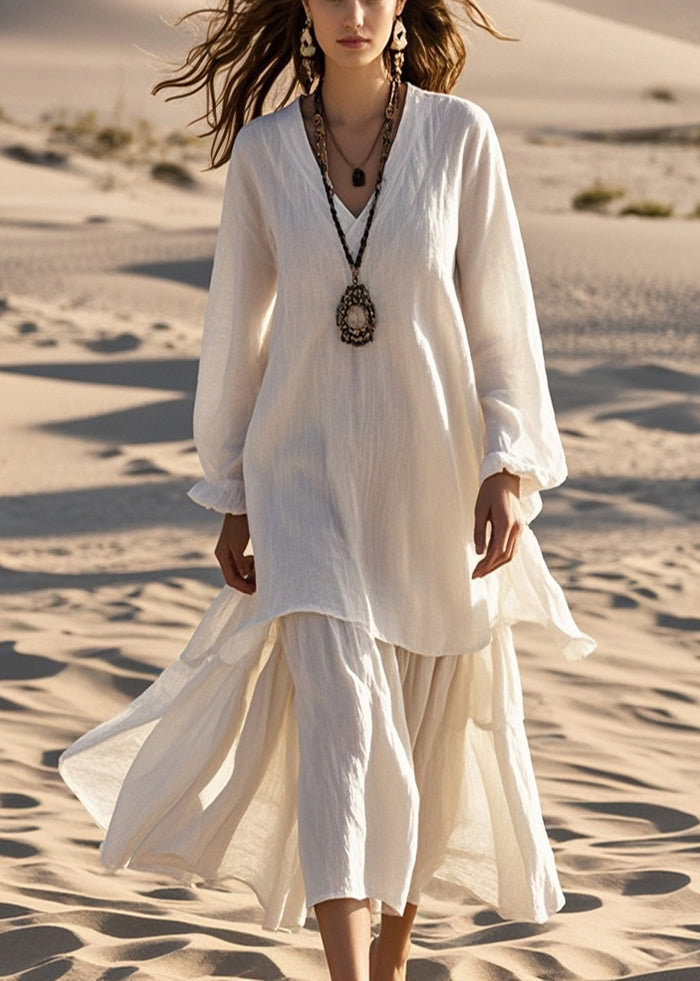 White Oversized Cotton Fake Two Piece Dresses Spring