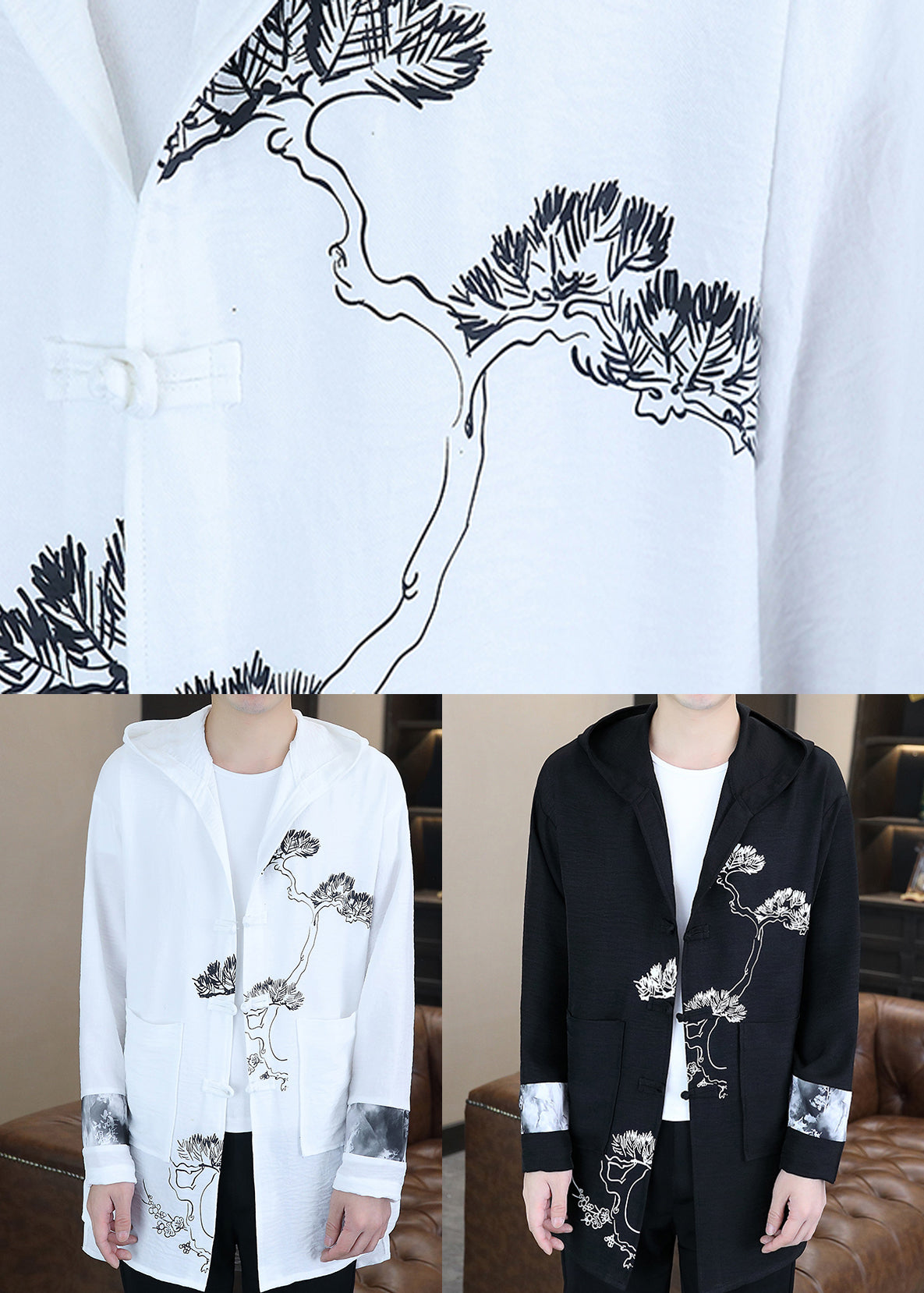 White Pockets Patchwork Hooded Coats Spring
