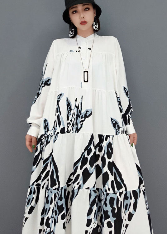 White Stand Collar Print Pleated Long Dresses Long Sleeve