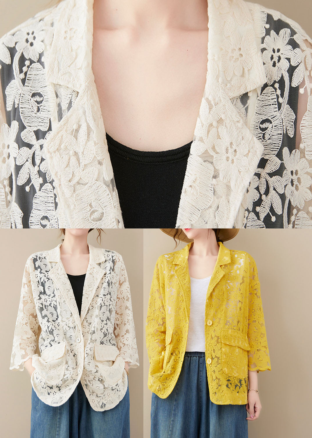 Yellow Button Peter Pan Collar Lace Coat Long Sleeve