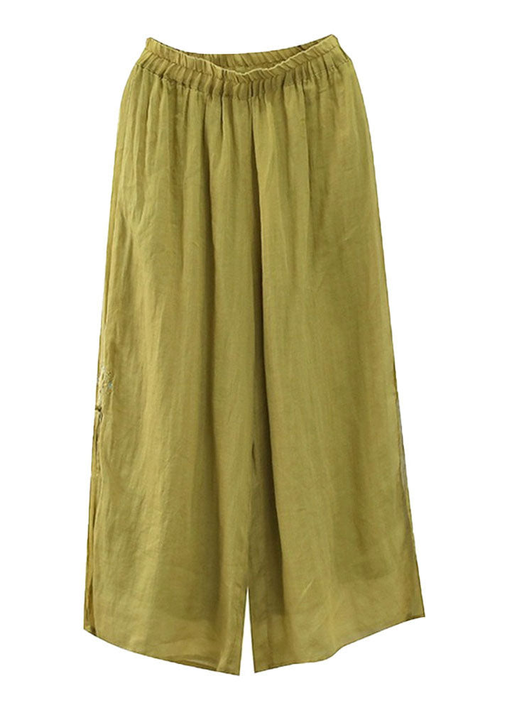 Yellow Embroideried Patchwork Linen Wide Leg Pants Summer
