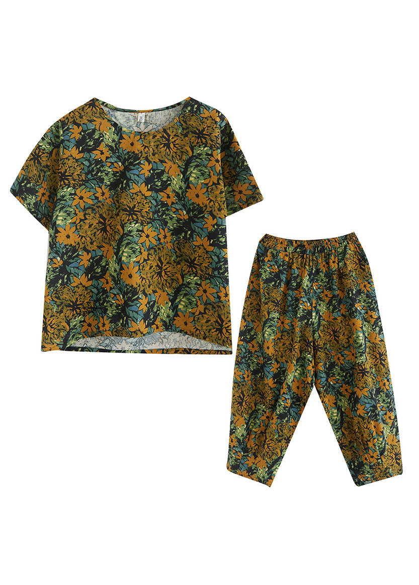 Yellow O-neck Top Short Sleeve Elastic Waist Pants Two Pieces Set