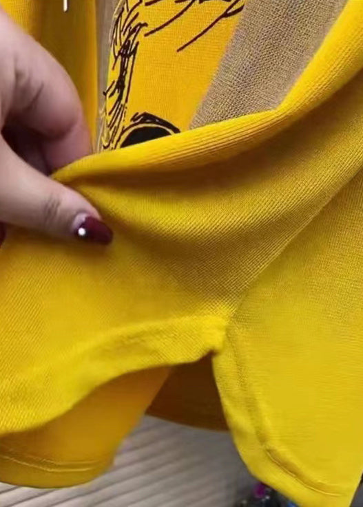 Yellow Hooded Print Patchwork Cotton Sweatshirt Summer