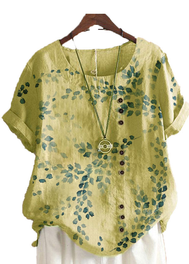 Yellow O-neck Embroideried Linen Tops Short Sleeve