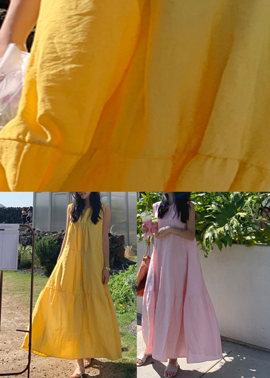 Yellow O-neck Patchwork Cotton Maxi Dresses Sleeveless