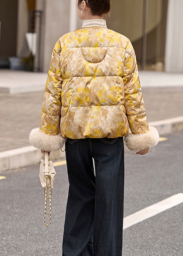 Yellow Oriental Button Fur Patchwork Duck Down Jacket Winter