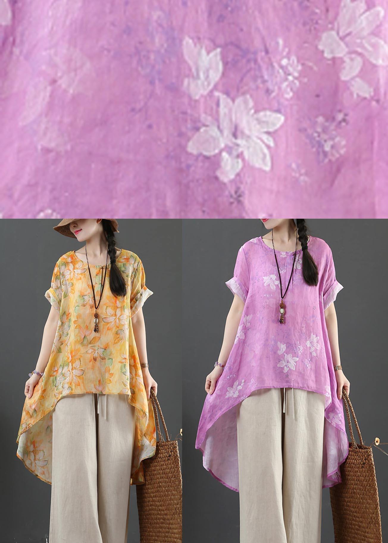 Yellow Print Linen Low High Design Shirt Summer