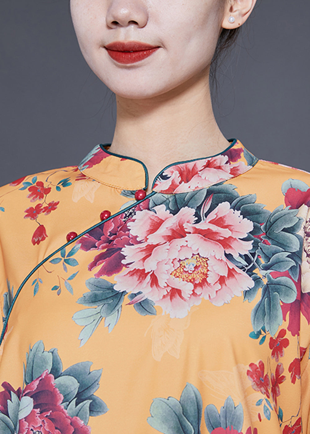 Yellow Stand Collar Print Silk Dresses Bracelet Sleeve