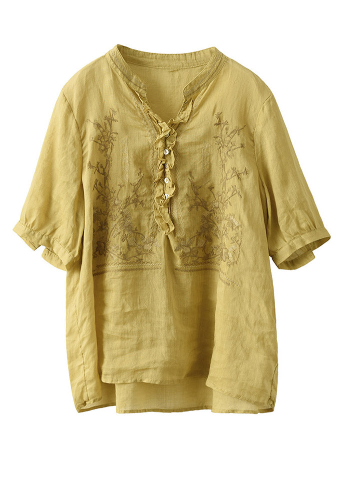 Yellow V Neck Embroideried Linen T Shirt Short Sleeve