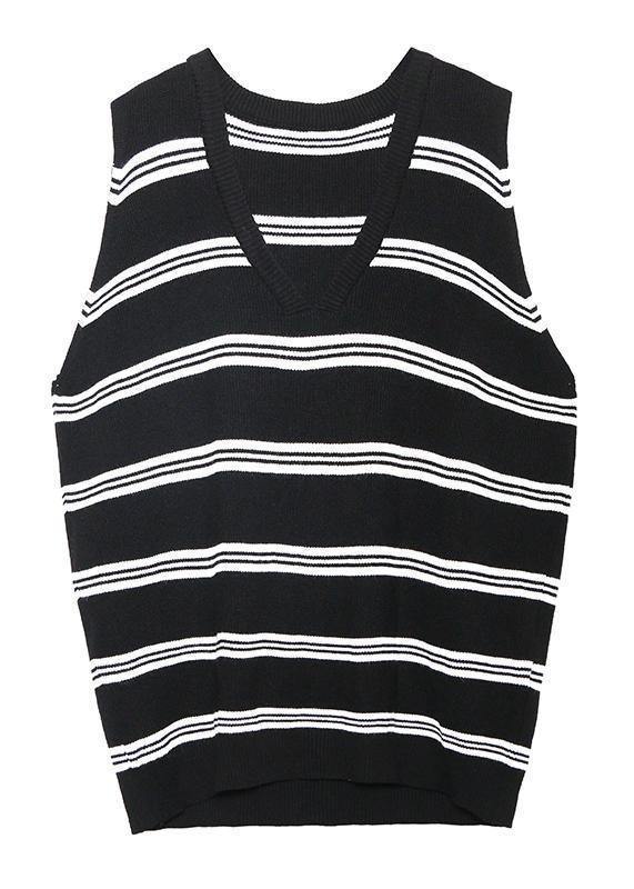 Pullover Black Striped Knit Blouse V Neck Sleeveless Knit Tops