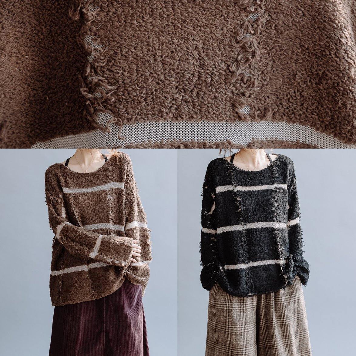 Pullover Fall Chocolate Striped Knit Sweat Tops O Neck Sweater Blouse