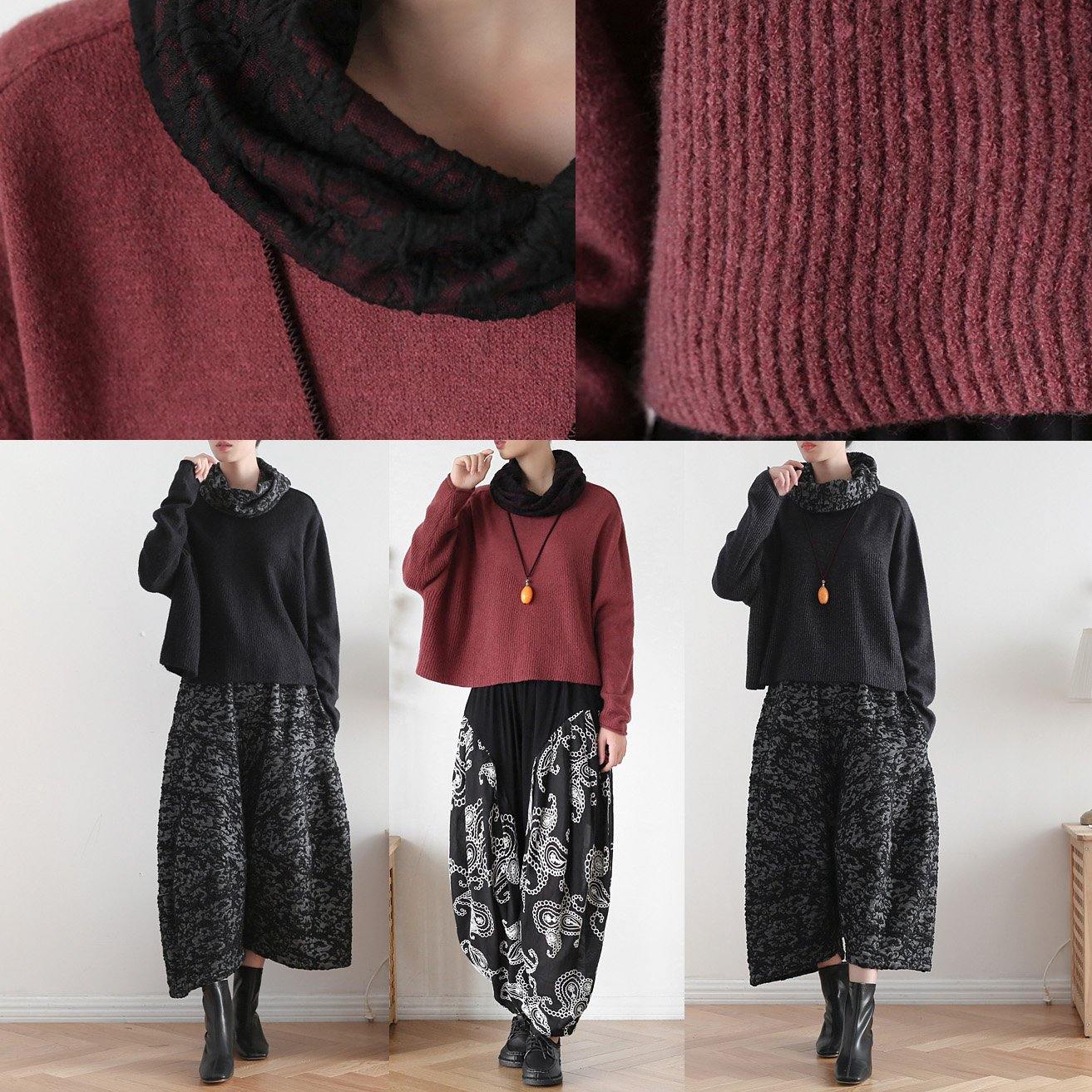 Pullover High Neck Red Knit Sweat Tops Batwing Sleeve Clothes