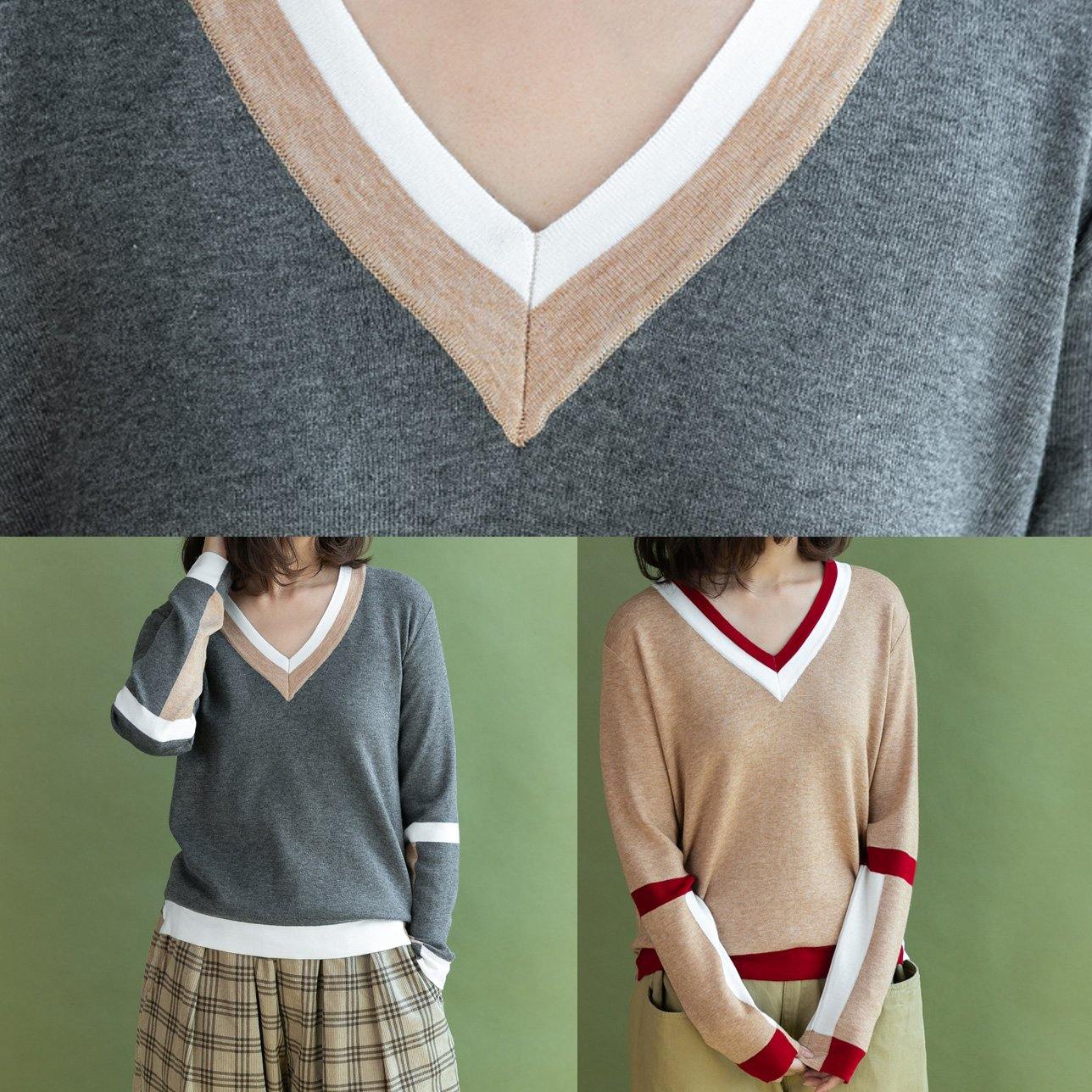 Pullover V Neck Gray Knit Tops Patchwork Knitted Clothes