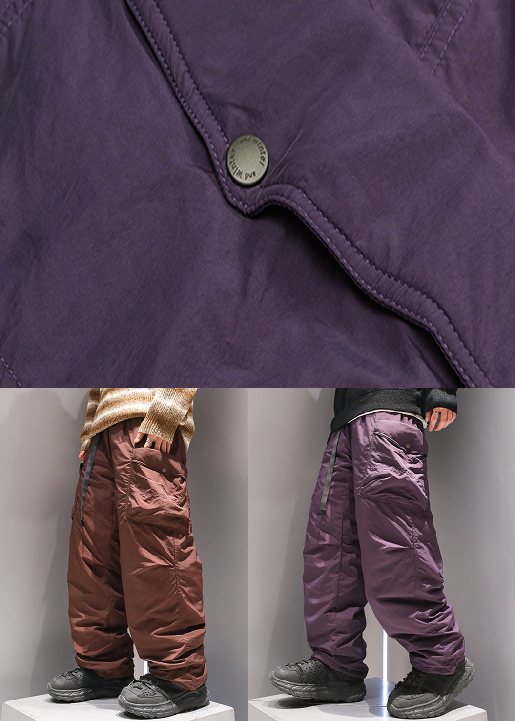 Purple Drawstring Duck Down Pants Elastic Waist Winter