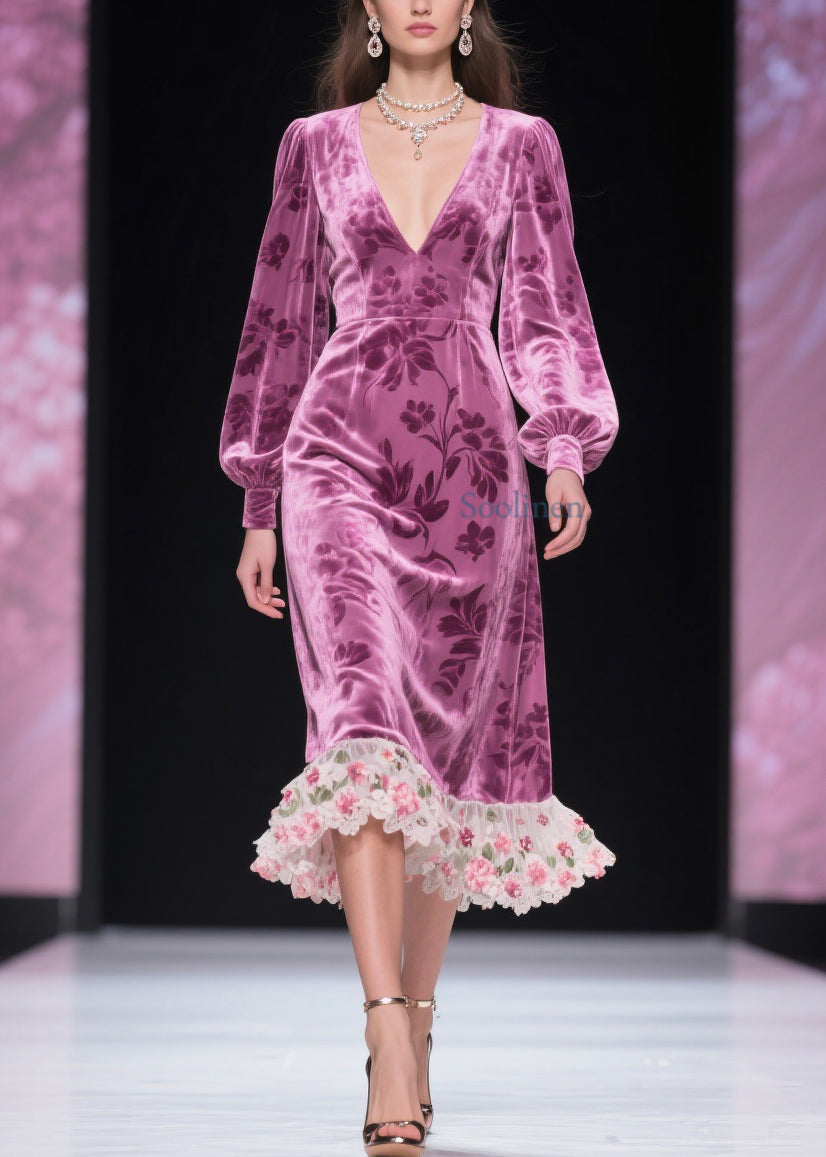 Purple Tulle Patchwork Silk Velvet Dress V Neck Spring