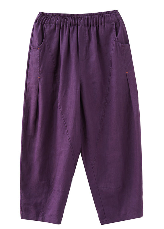 Purple Pockets Elastic Waist Harem Pants