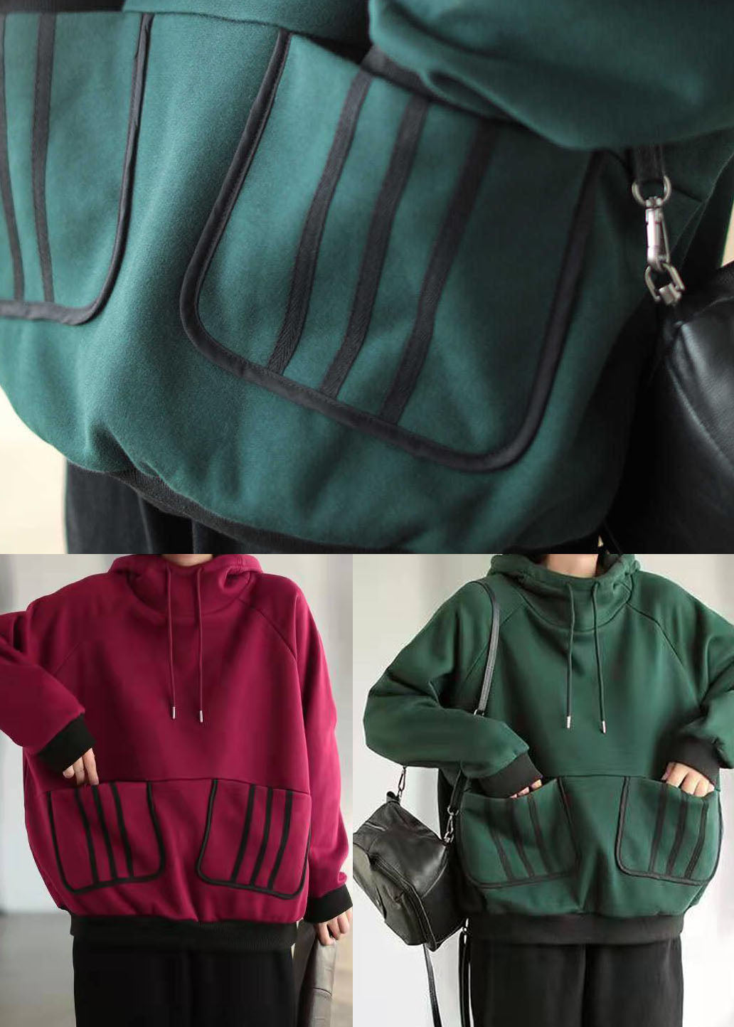 Purple Red Warm Fleece Sweatshirts drawstring Pockets Winter