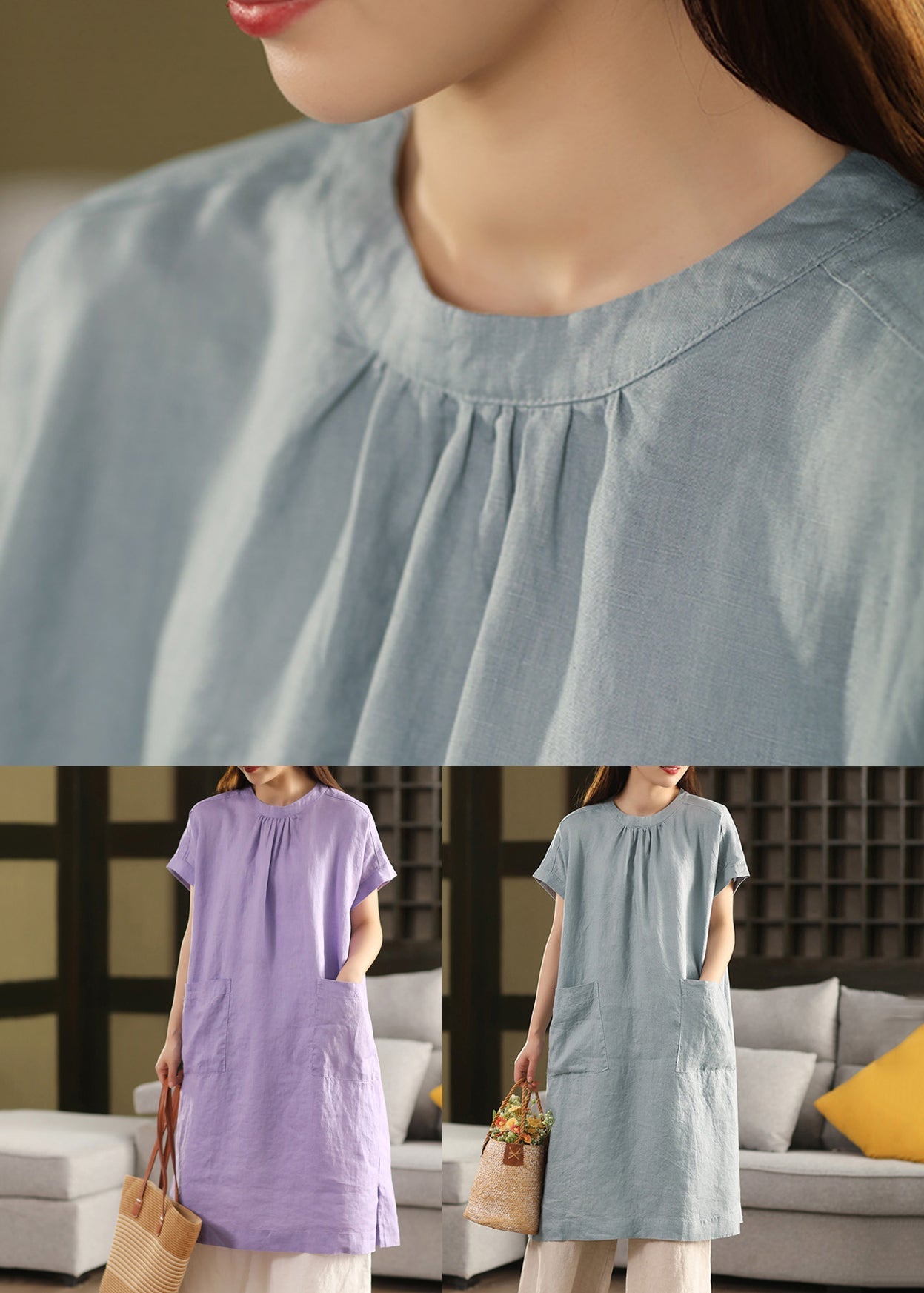 Purple Side Open Linen Dress O Neck