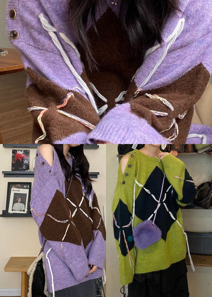 Purple Cozy Knit Knitted Tops Over Sized Winter