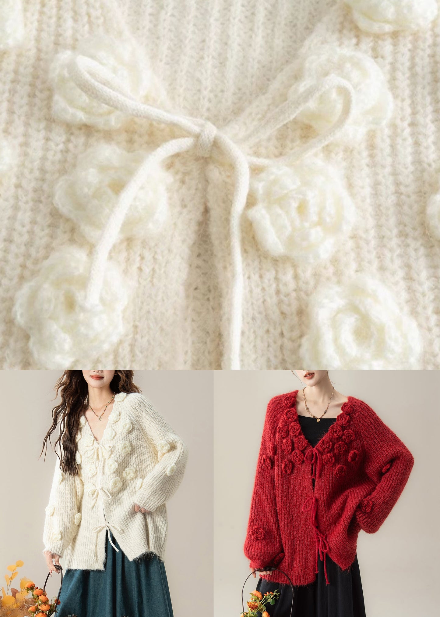 Red Lace Up Knit Loose Cardigan V Neck