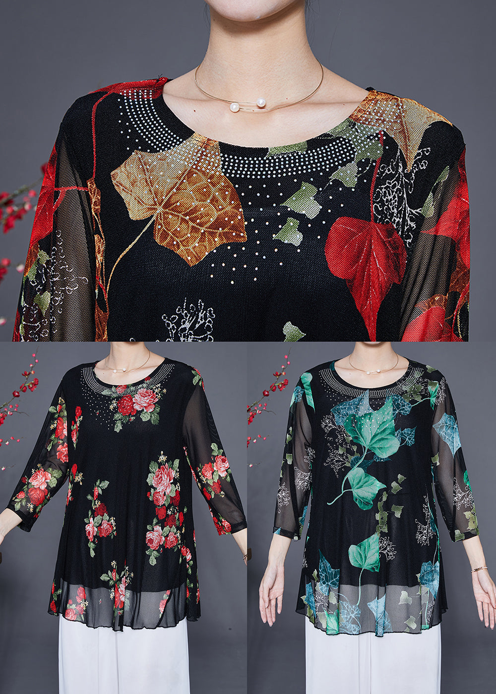 Red Print Chiffon Blouse Tops O-neck Zircon Summer
