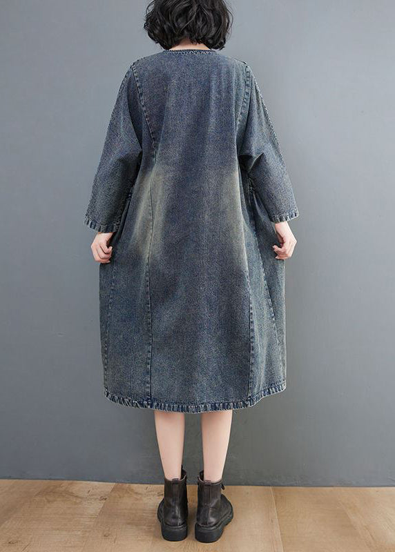 Retro Blue O-neck Patchwork Button Pockets Cotton Denim Dresses Long Sleeve