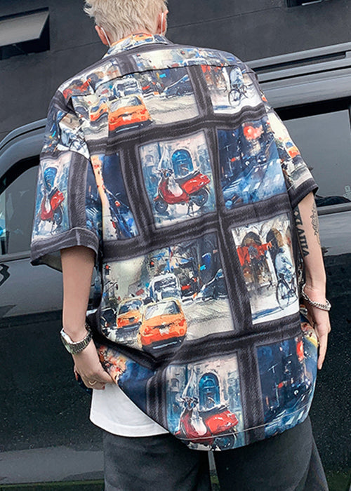Retro Blue Print Original Design Ice Silk Shirts Half Sleeve