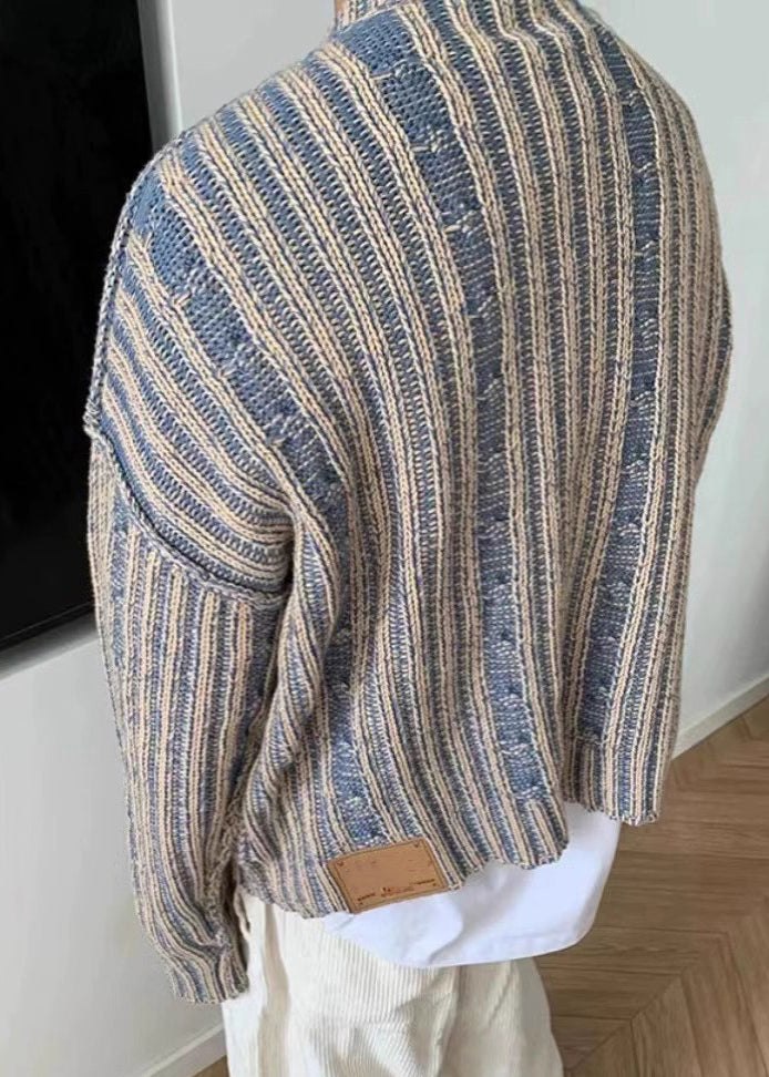 Retro Blue Striped Cozy Knit Sweater Spring