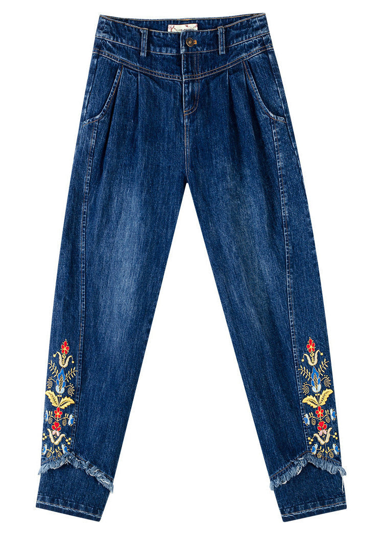 Retro Denim Blue Button Embroideried Straight Pants Spring