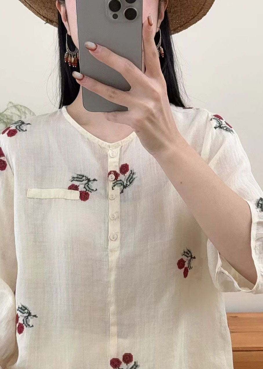 Retro Yellow O Neck Embroidered Linen Top Summer
