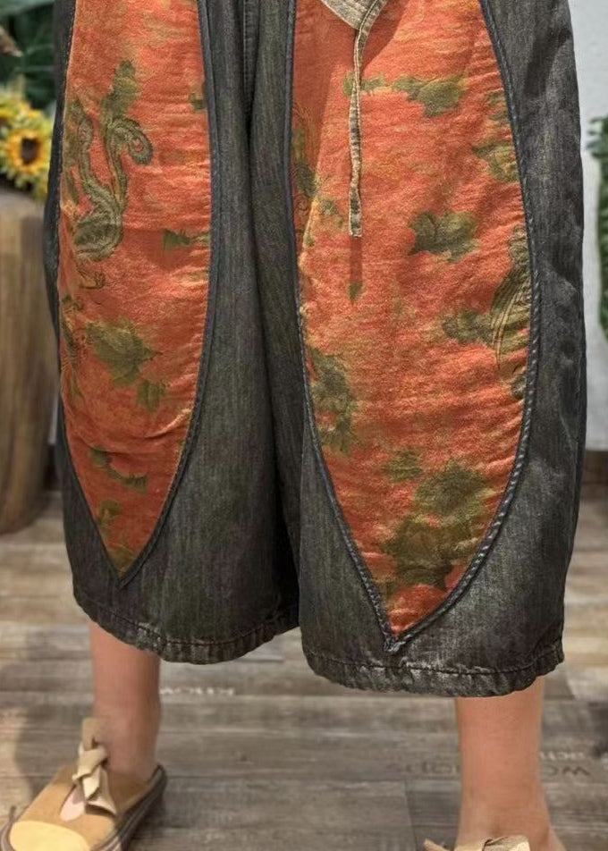 Retro Print Splicing Style Cotton Crop Pants Summer