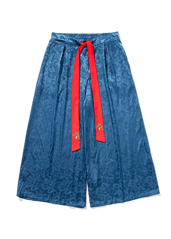 Retro Style Loose Royal Blue Wide Leg Skirt Pants for Summer