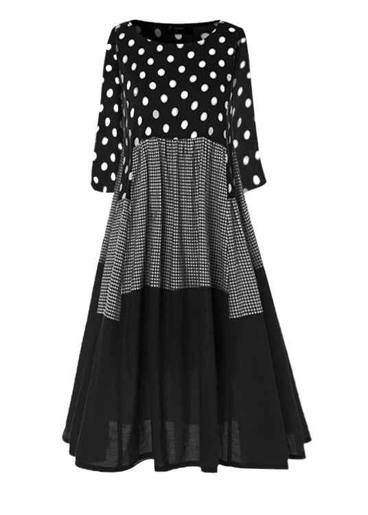 Round Neck Polka Dot Long Sleeve Dress Black