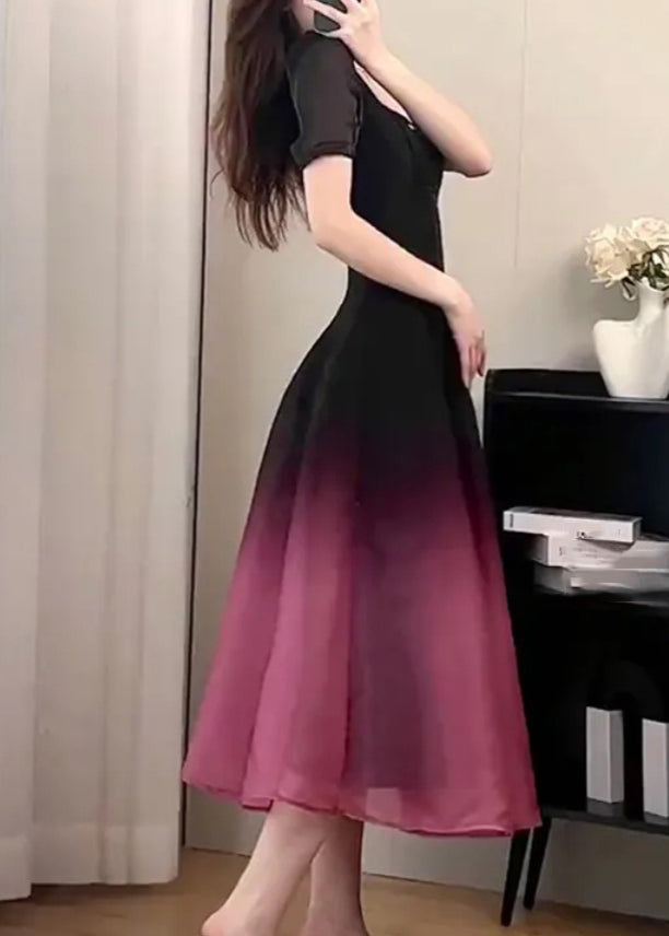 Black O-neck Gradient Color Long Dresses Short Sleeve