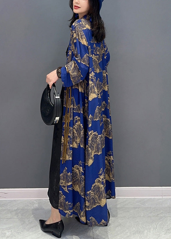 Blue Peter Pan Collar Print Slim Maxi Trench Coats Long Sleeve