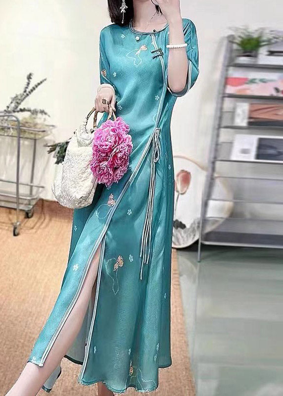 Green O-neck Embroideried Side Open Tie Waist Button Silk Long Dresses Half Sleeve