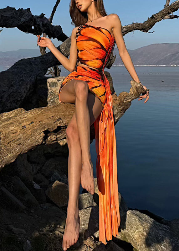 Orange Print Cold Shoulder Tulle Butterfly Dresses Summer