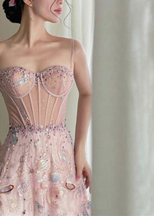 Pink Embroideried Sequins Slim Fit Tulle Maxi Dresses Sleeveless