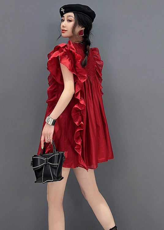 Red O-neck Ruffles Wrinkled Chiffon Dress Short Sleeve