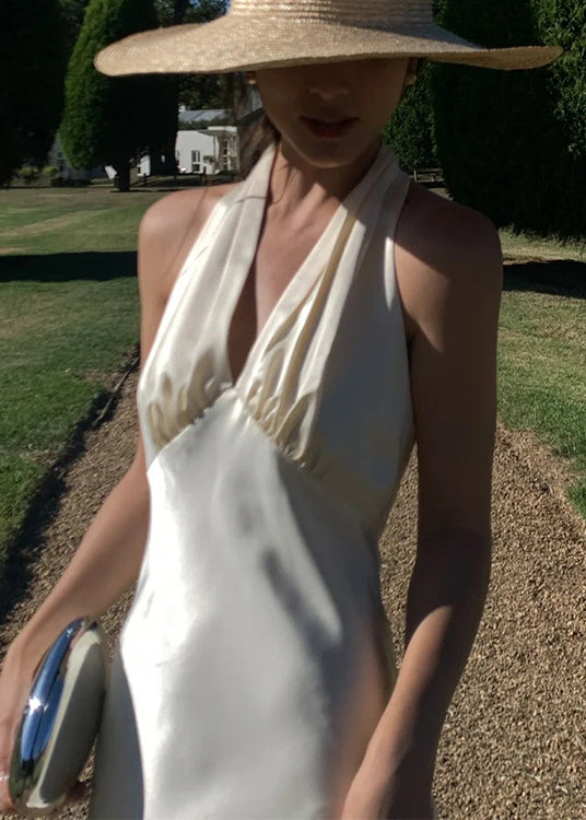 V Neck Backless Silk Halter Long Dresses Sleeveless