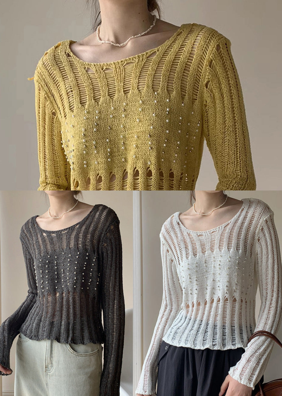 Sexy White Hollow Out Nail Bead Knit Sheer Tops Fall