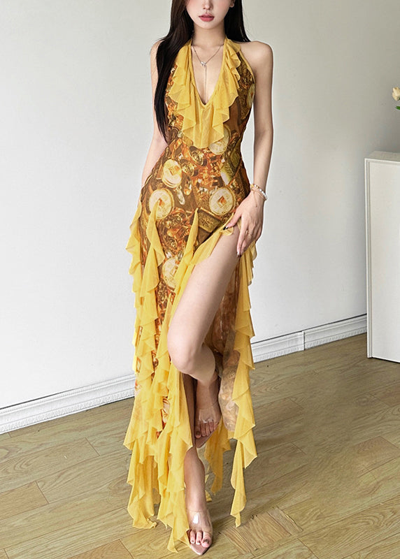 Yellow Ruffled Print Front Open Tulle Dress Sleeveless
