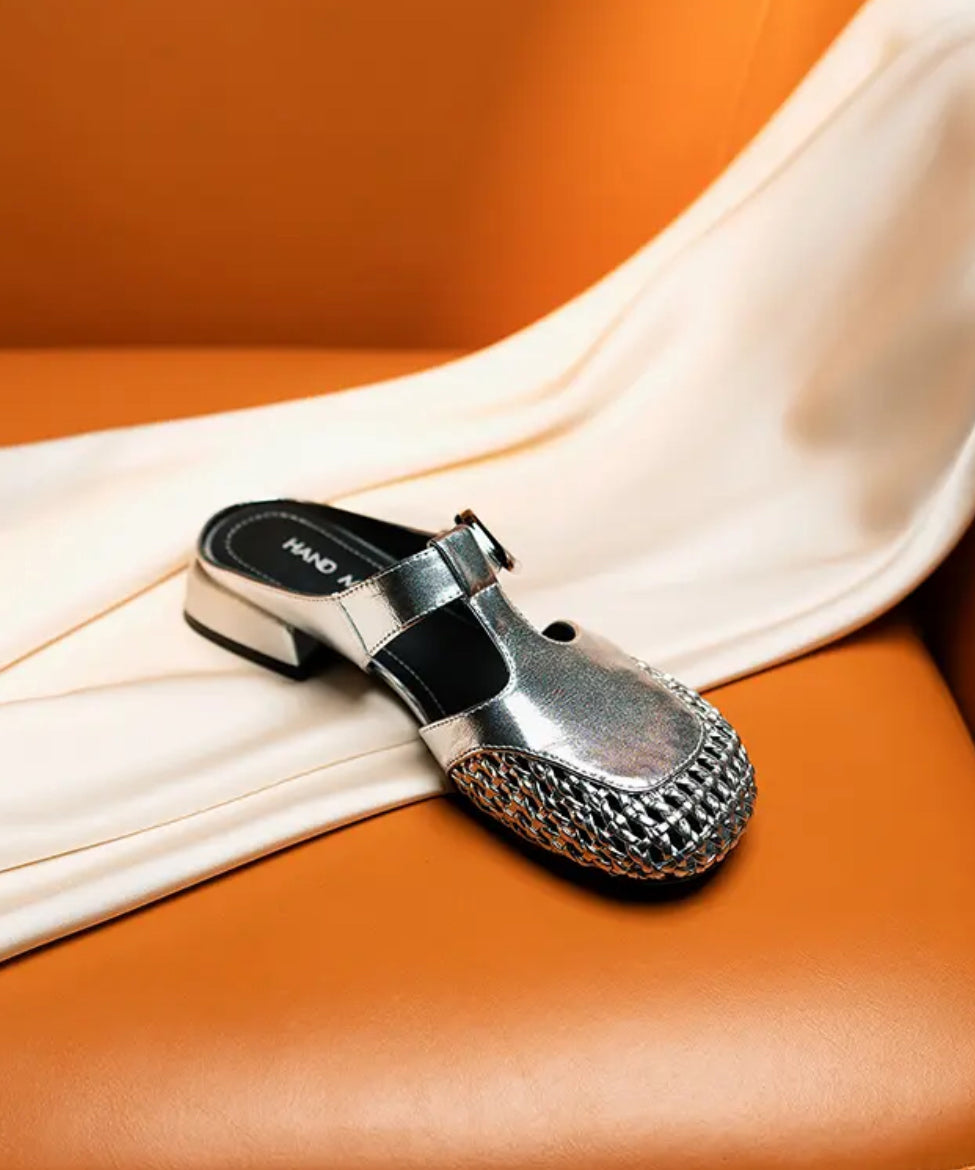 Silver Cowhide Leather Splicing Hollow Out Slide Sandals