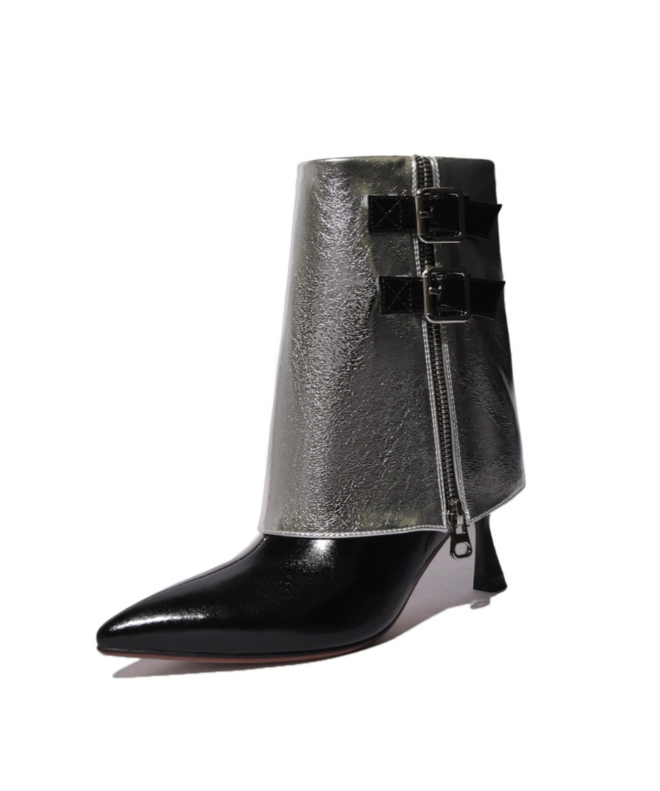 Silver Cowhide Leather Splicing Zippered Stiletto Boots